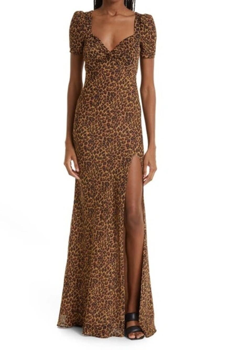 Staud Lea Knot-Front Puff Sleeve Leopard Animal Print Sweetheart Maxi Dress 12